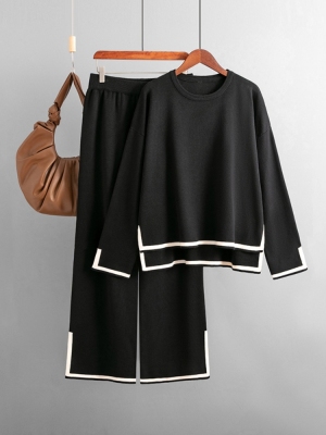 New Color Clash Split Long-sleeved Knit Wide-leg Pants Two-piece Set