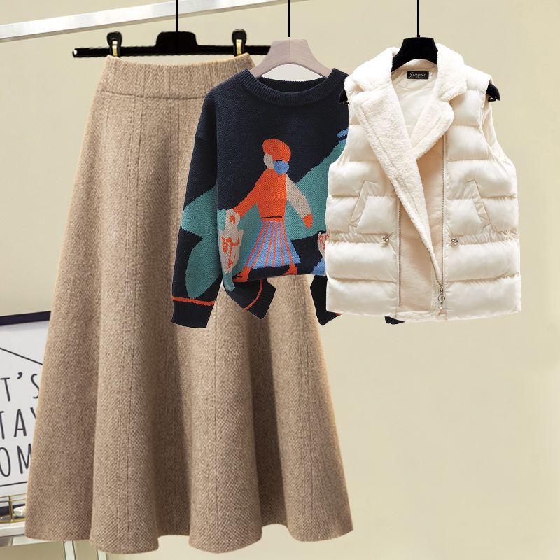 Girl knitted sweater woolen skirt vest 3 PC set