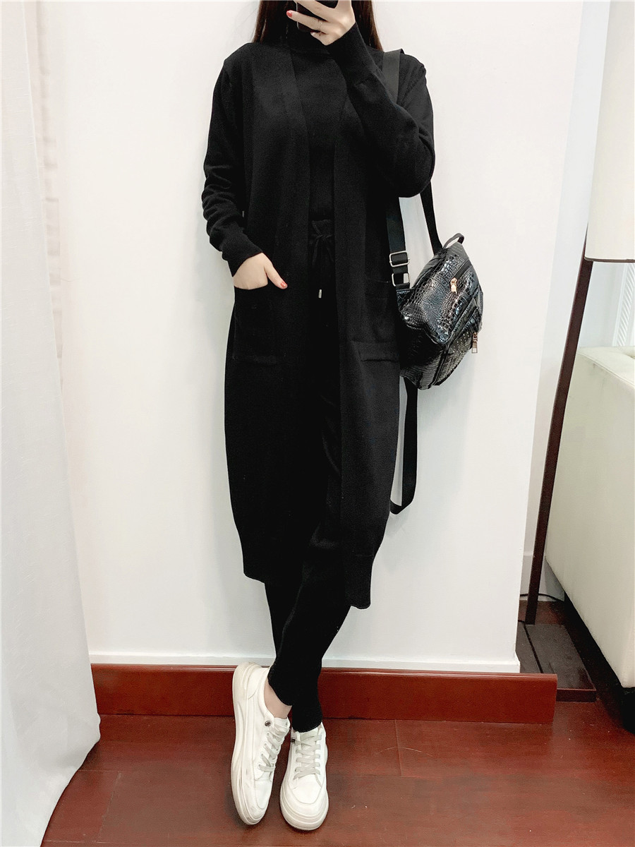 Casual Knit Long Cardigan Vest Pants Three Piece Set