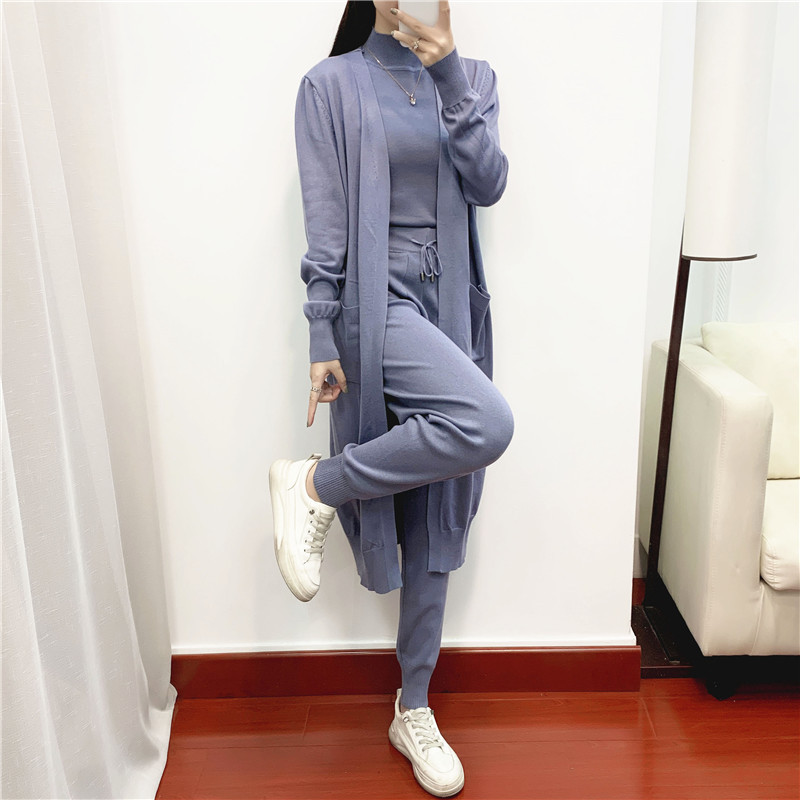 Casual Knit Long Cardigan Vest Pants Three Piece Set