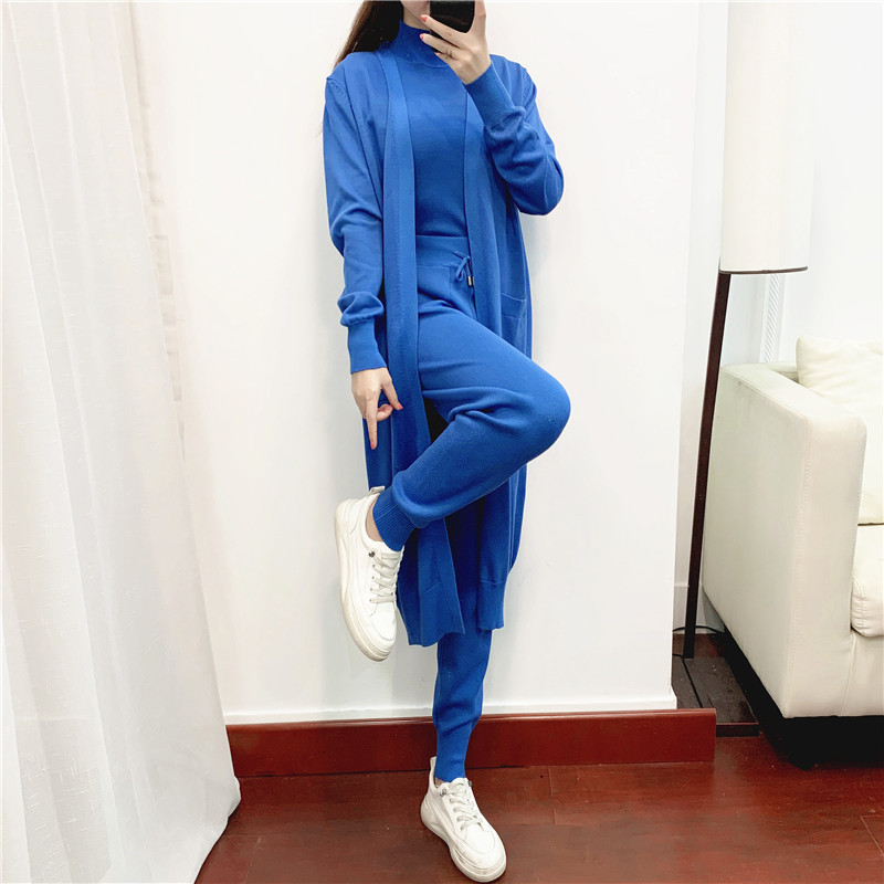 Casual Knit Long Cardigan Vest Pants Three Piece Set