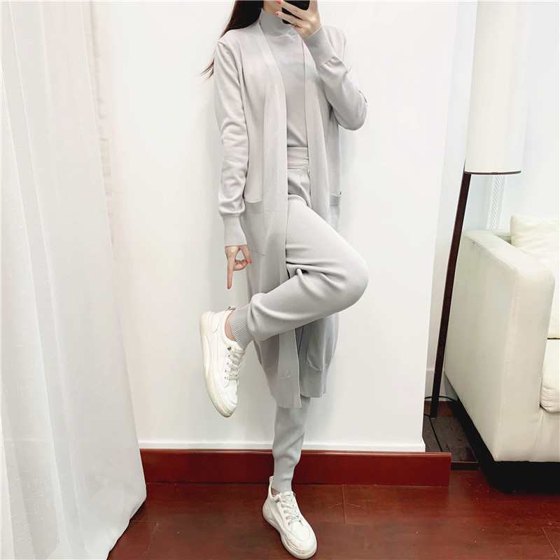 Casual Knit Long Cardigan Vest Pants Three Piece Set