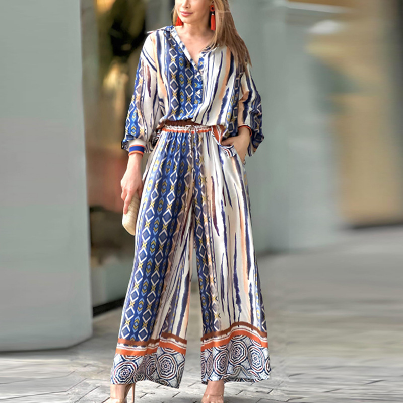 New Printed Lapel Long Sleeve Straight Leg Pants Fashion Suit