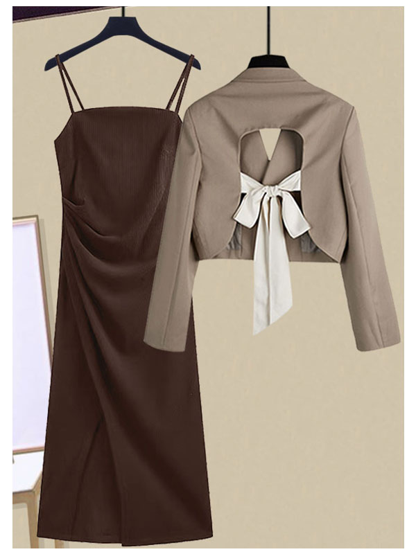 Backless bow blazer pleated slip dress 2 PC set