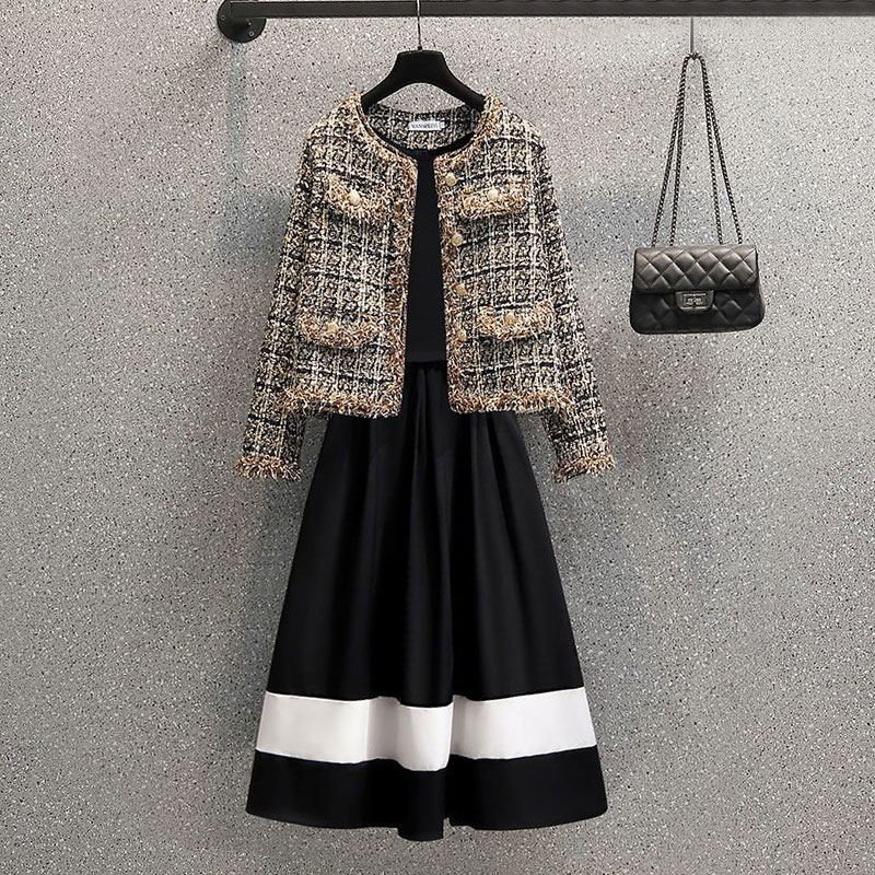 Pearl plaid coat black and white dress 2 PC set