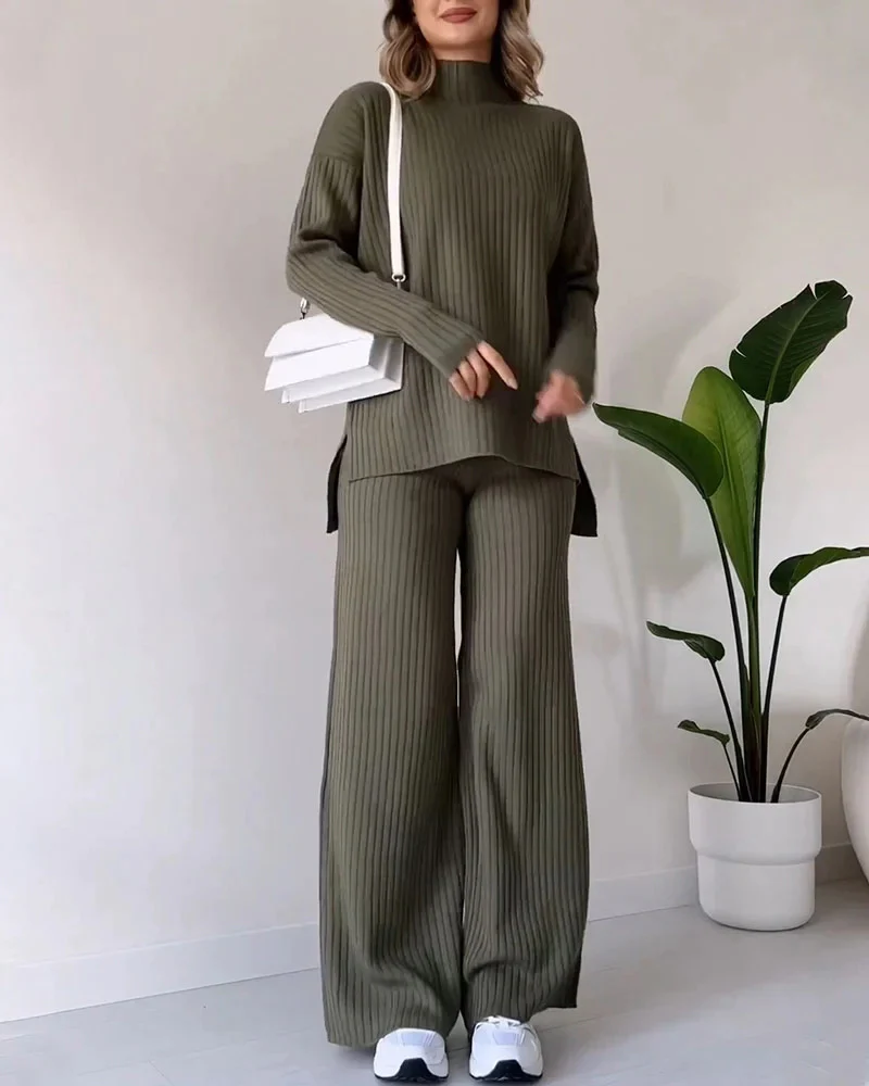 Solid color turtleneck sweater wide leg pants suit - Lily Outfits