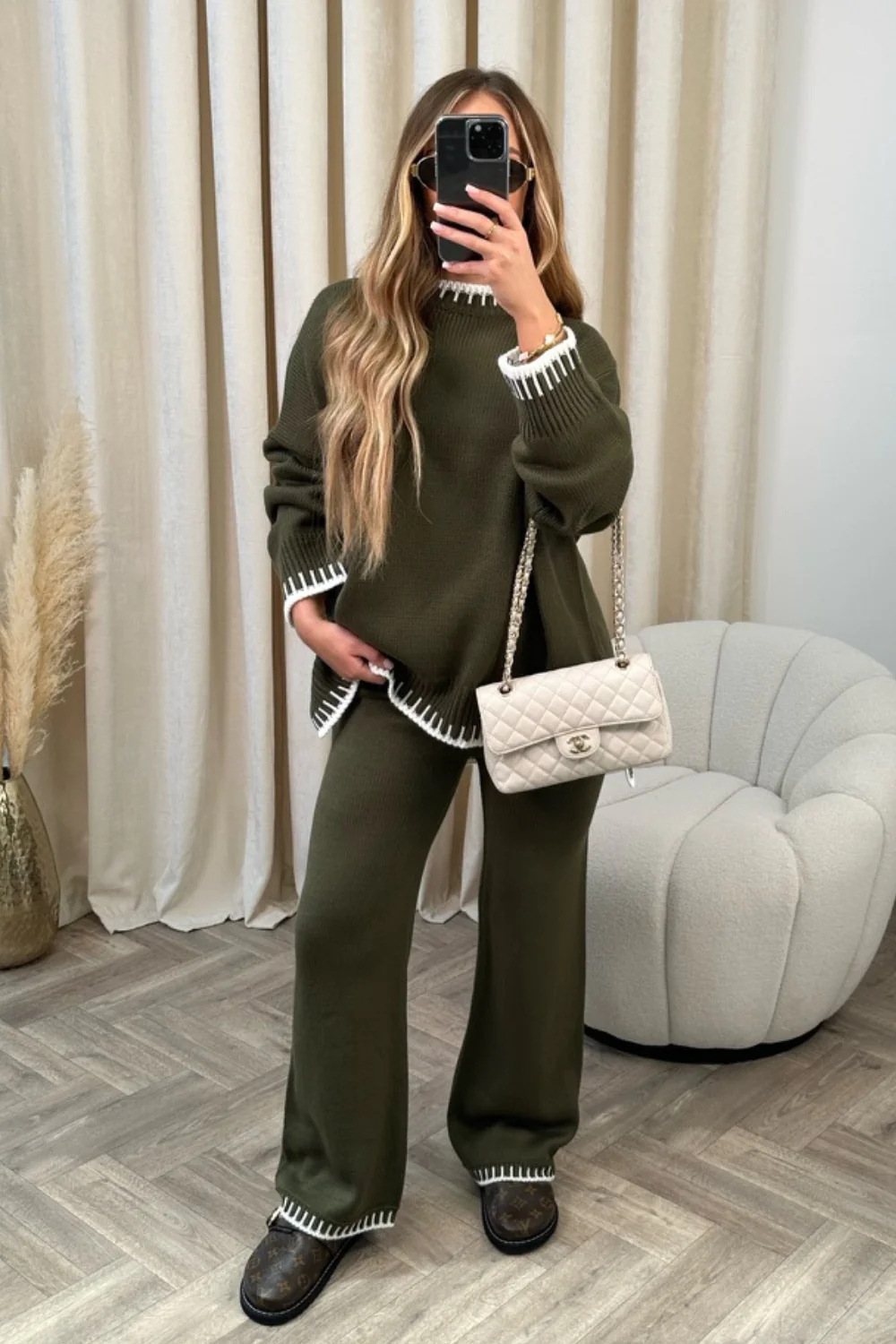 Contrast color sweater two piece set