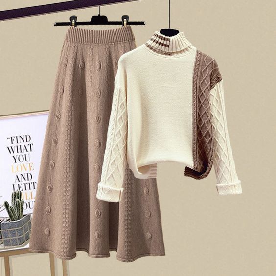 Turtle collar lapel sweater knitted skirt 2 PC set