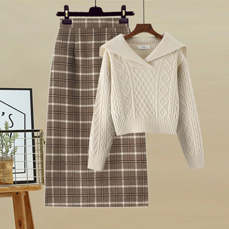 Lapel knitted sweater plaid straight skirt 2 PC set