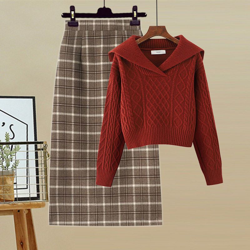 Lapel knitted sweater plaid straight skirt 2 PC set