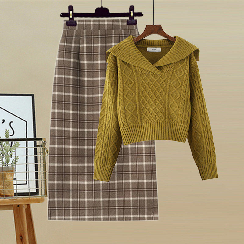 Lapel knitted sweater plaid straight skirt 2 PC set