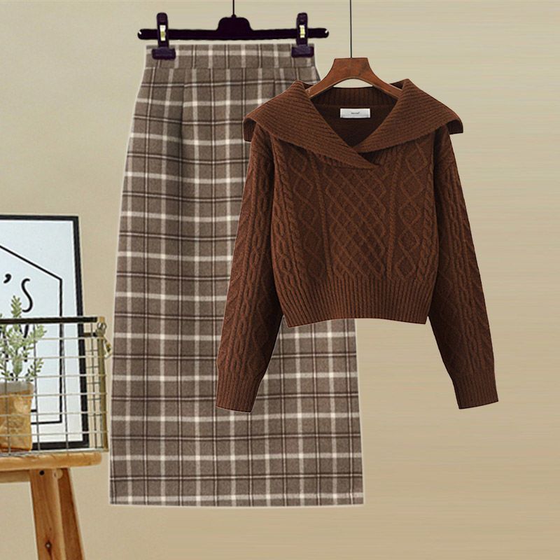 Lapel knitted sweater plaid straight skirt 2 PC set