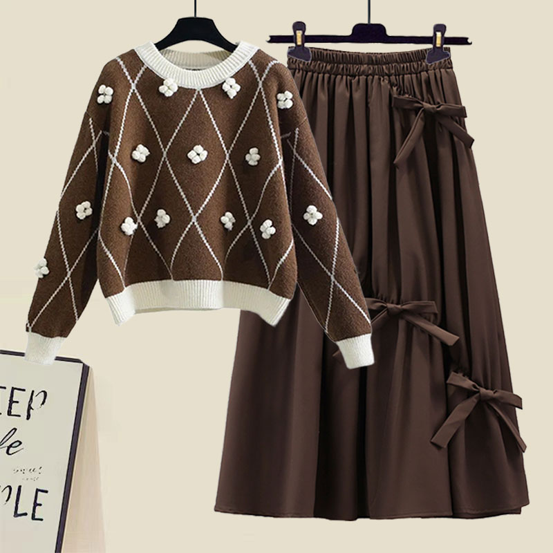 Loose floral sweater bow skirt 2 PC set