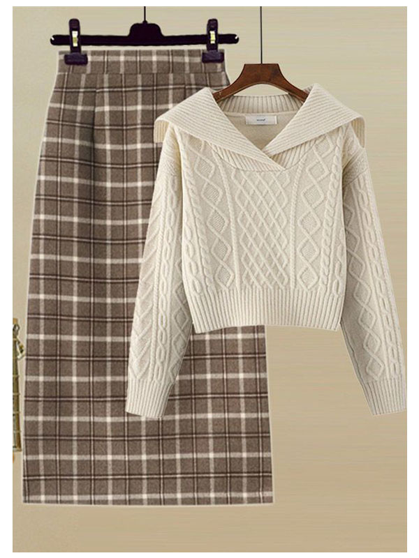 Lapel knitted sweater plaid straight skirt 2 PC set