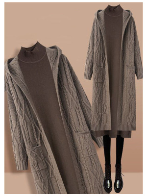 Brown twist knitted jacket and knitted long skirt 2 PC set