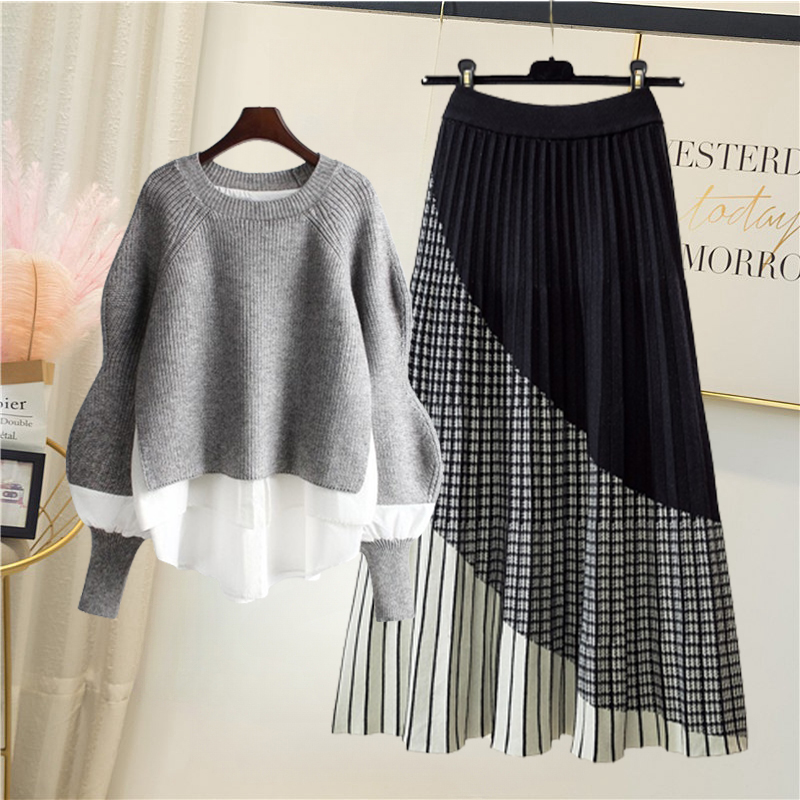 Knitted Casual Sweater + Pleated Skirt 2 Pc Set
