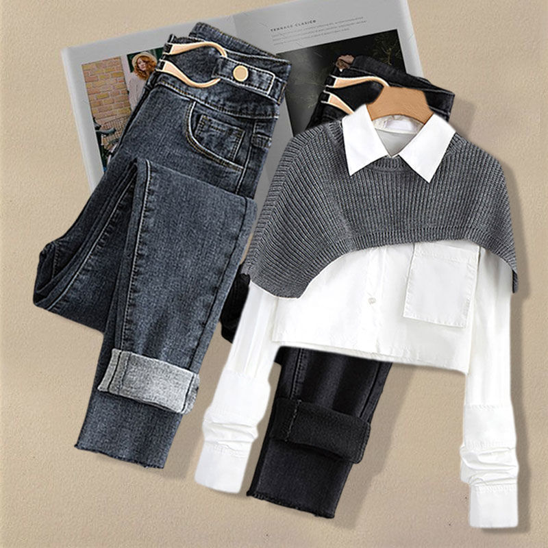 Cape shirt metal waist button jeans 2 PC set