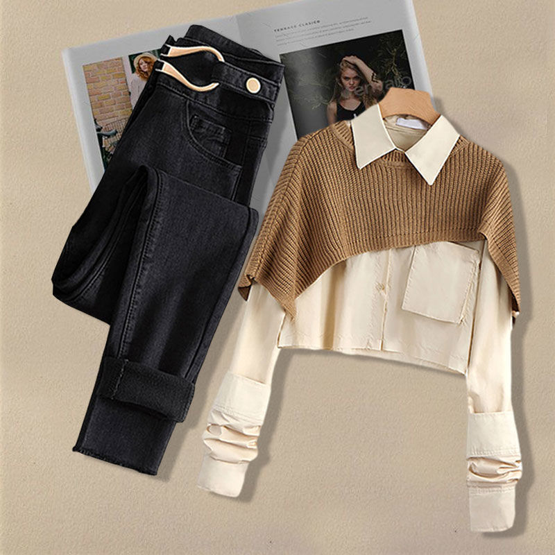 Cape shirt metal waist button jeans 2 PC set