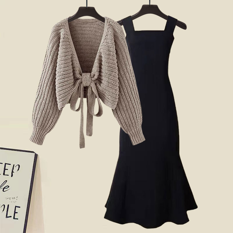 Bow knitted cardigan fishtail dress 2 PC set
