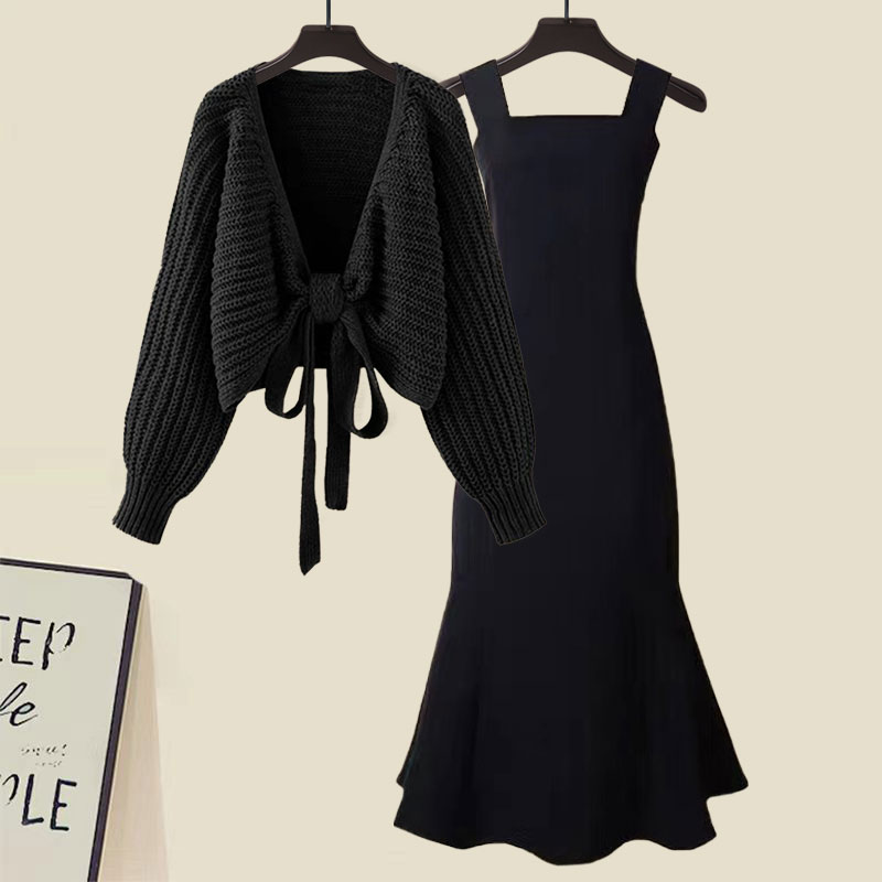Bow knitted cardigan fishtail dress 2 PC set