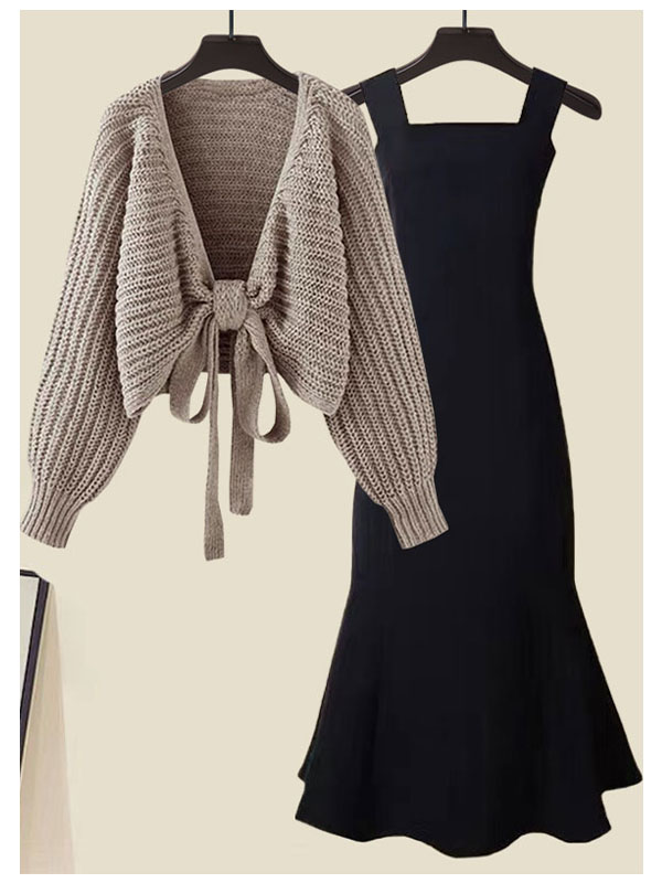Bow knitted cardigan fishtail dress 2 PC set