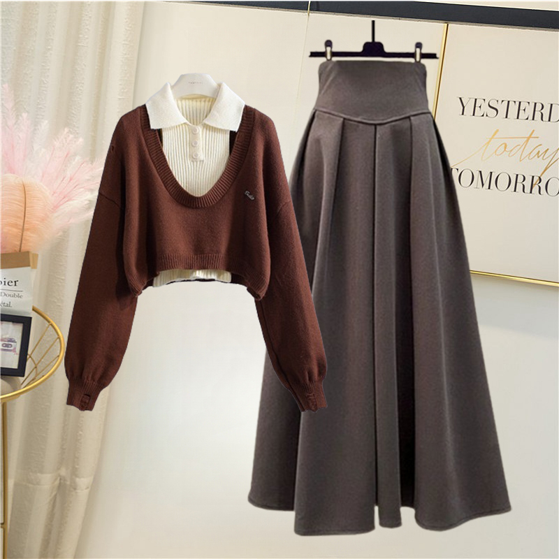 Knitted Sweater Vest Set + Casual Skirt 3 PC Set