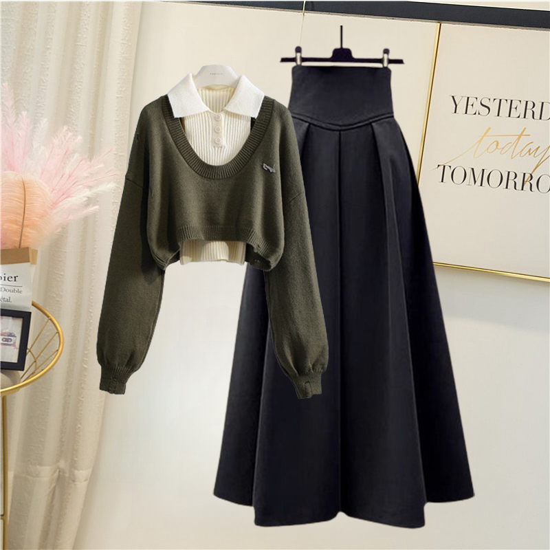 Knitted Sweater Vest Set + Casual Skirt 3 PC Set