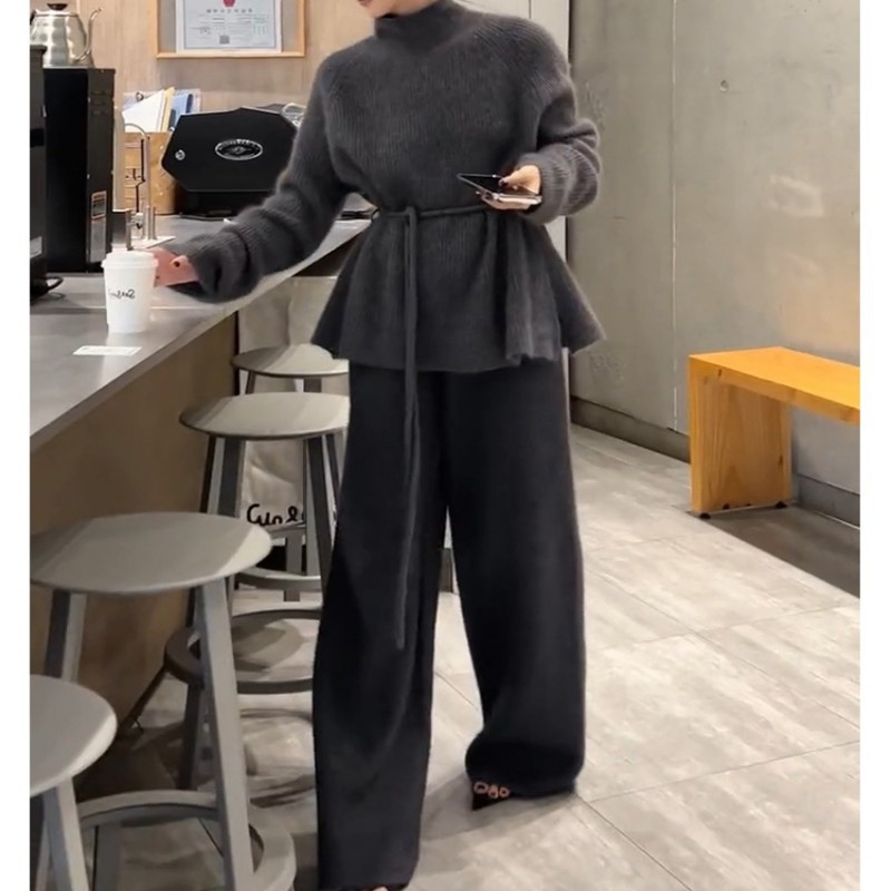 Turtleneck Sweater Wide Leg Pants Casual Two Piece Set