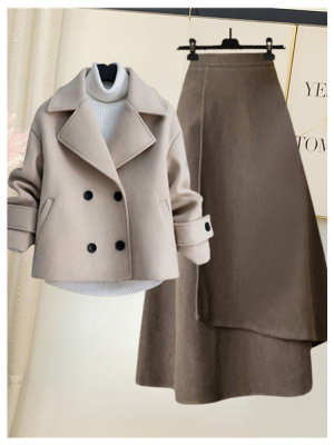 معطف كشمير + تنورة صوفية متوسطة الطول مكونة من قطعتين