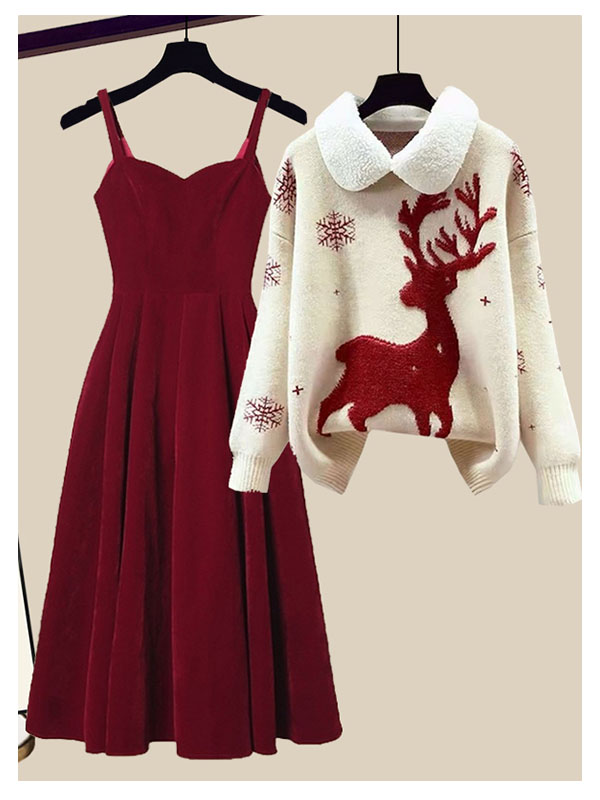 Christmas deer sweater sleeveless dress 2 PC set