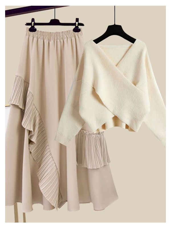 V-neck crossover sweater ruffled skirt 2 PC set