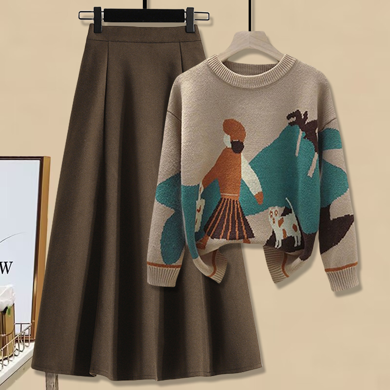 Crew-neck shepherdess sweater top high waist pleated skirt 2PC set