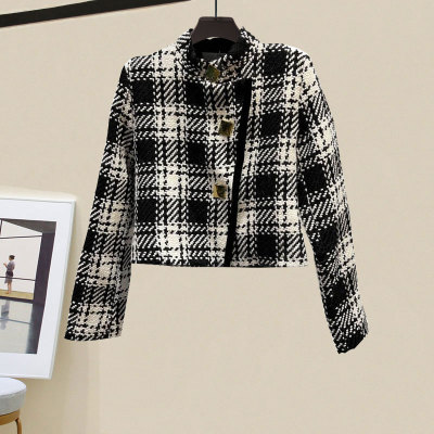 Black and white check short jacket with standing collar