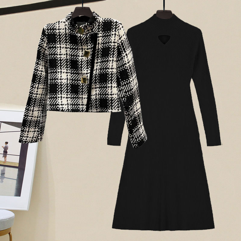 Black and white check short coat heart-shaped hollow knit dress 2PC set