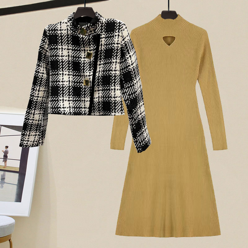 Black and white check short coat heart-shaped hollow knit dress 2PC set