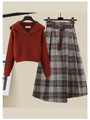 Vintage sweater with lapel tweed plaid skirt 2 PC set