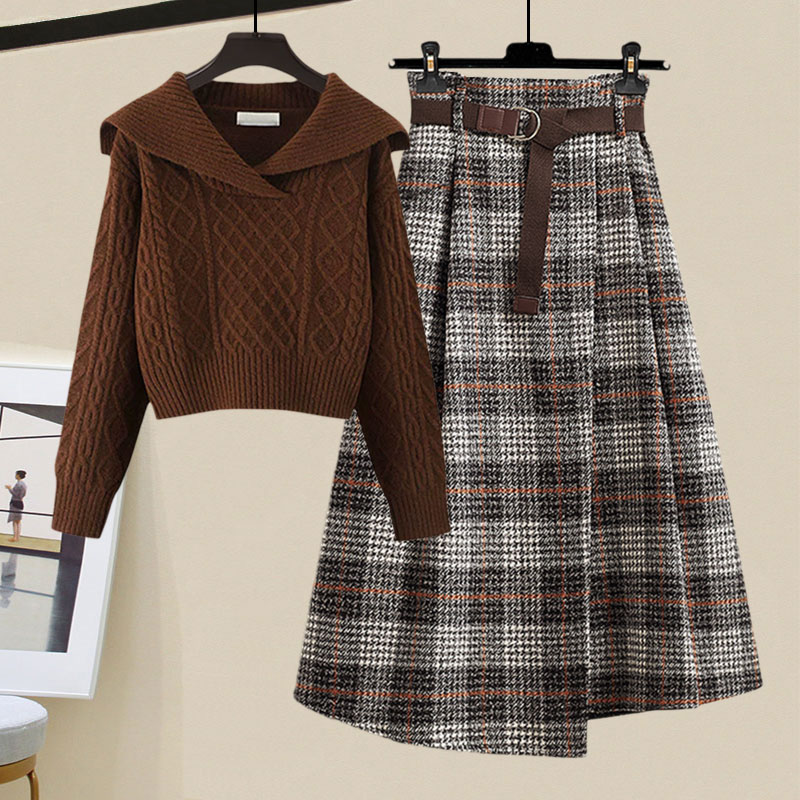 Vintage sweater with lapel tweed plaid skirt 2 PC set