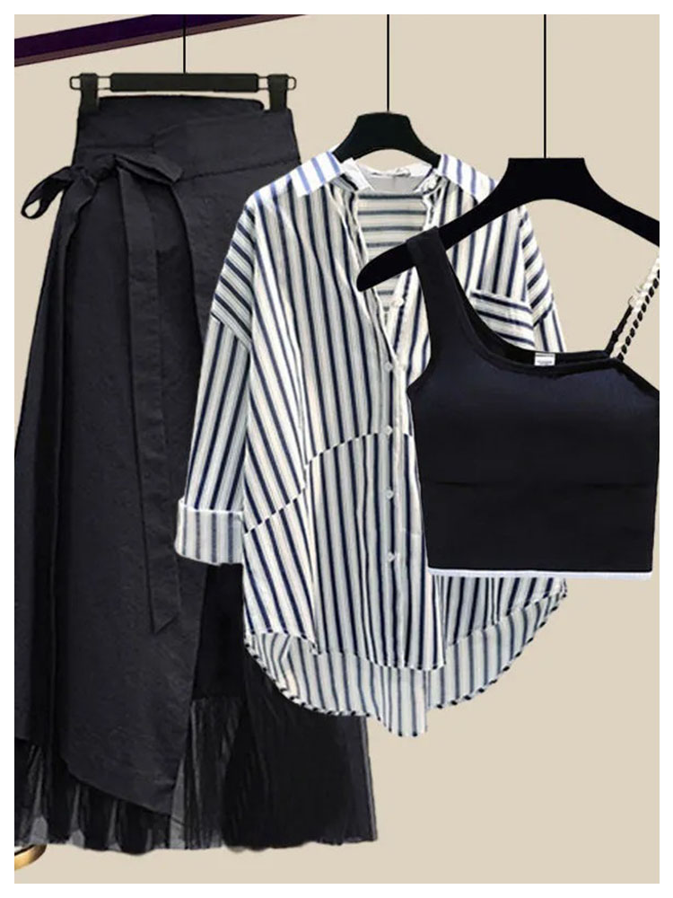 Sunscreen striped shirt short halter skirt 3PC set