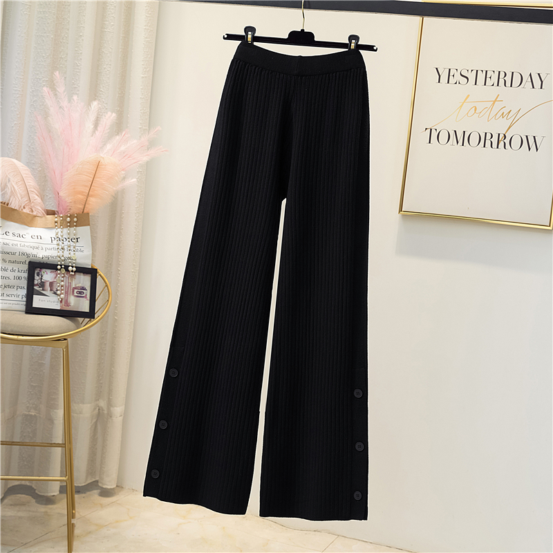 High-waisted button-down knitted wide-leg trousers