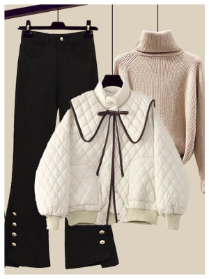 Baby collar diamond check short cotton-padded sweater bell bottoms 3PC set
