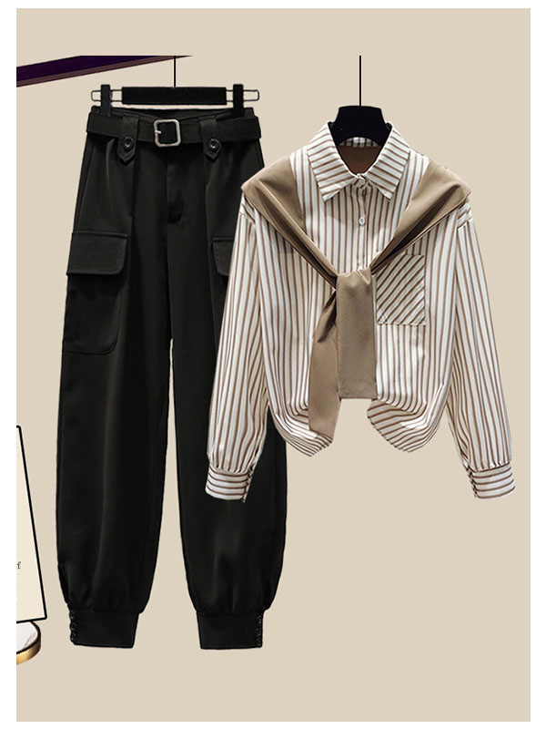 Striped shawl shirt with large pockets cargo pants 2 PC set