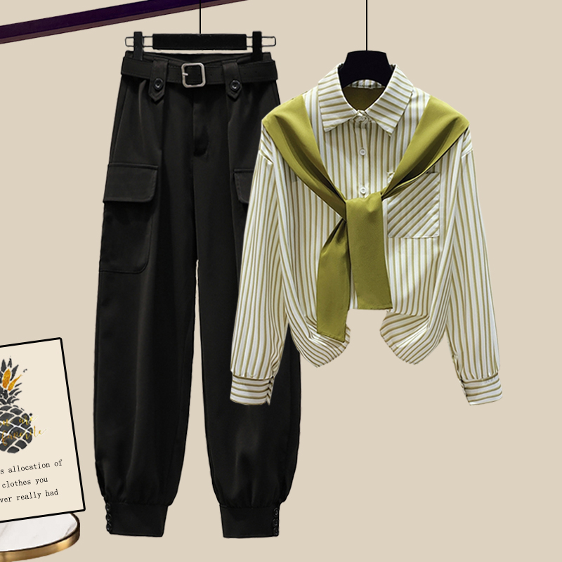 Striped shawl shirt with large pockets cargo pants 2 PC set
