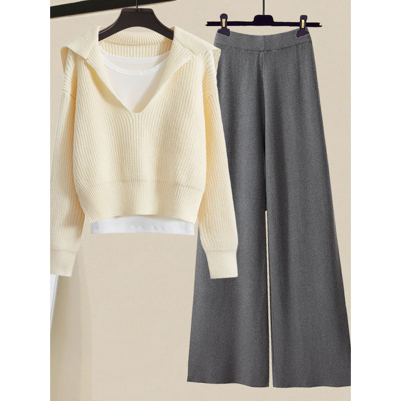 Knitted sweater vest wide leg pants 2 PC set