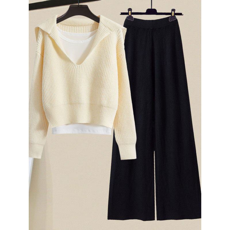 Knitted sweater vest wide leg pants 2 PC set