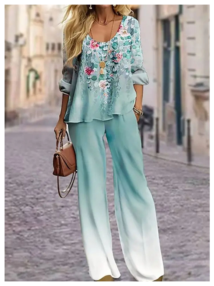 Style printed crew-neck pants casual suit