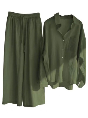 Cotton linen shirt high-waisted pants 2PC sets