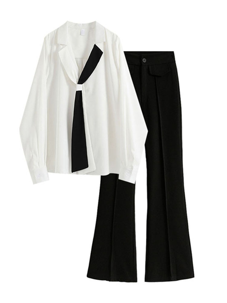 Black and white chiffon shirt flared high-waisted trousers 2PC set