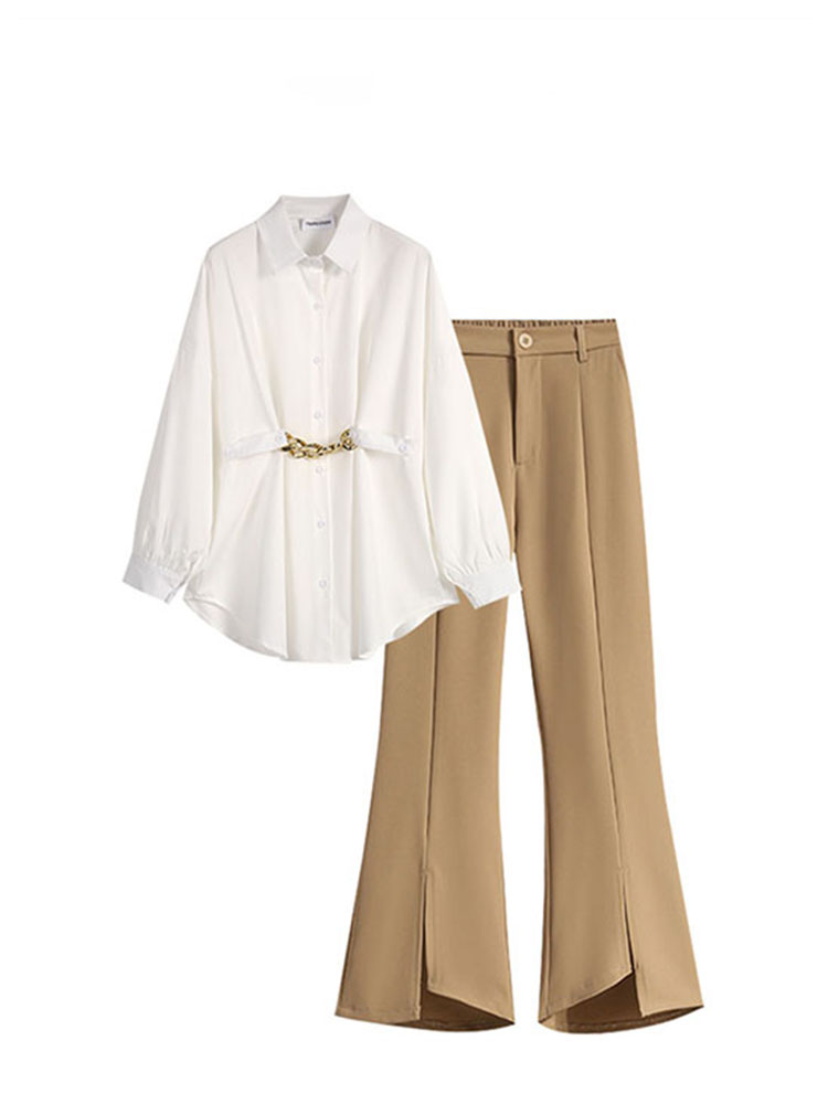 Puffy sleeve slim-fit shirt with a small slit niner pants 2PC set