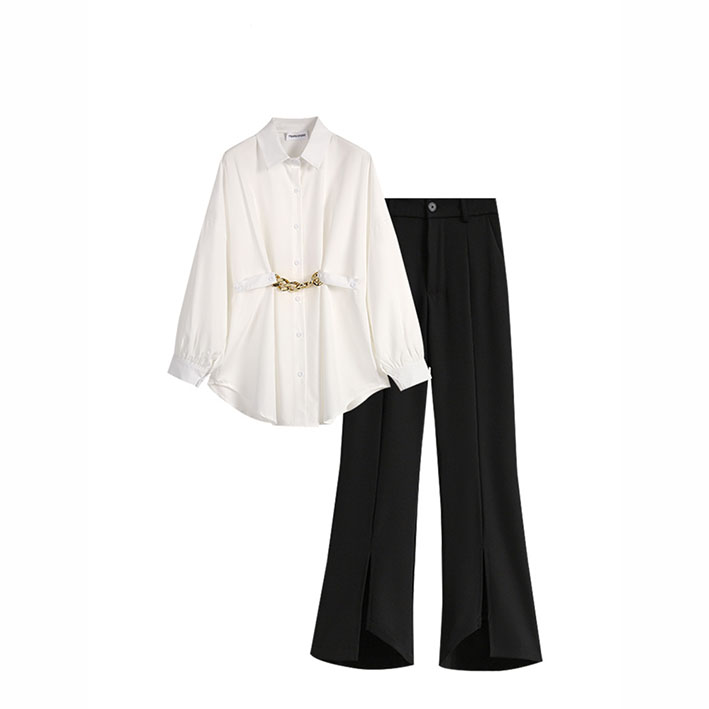 Puffy sleeve slim-fit shirt with a small slit niner pants 2PC set