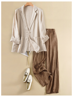 Linen suit top brown pants 2 PC Set